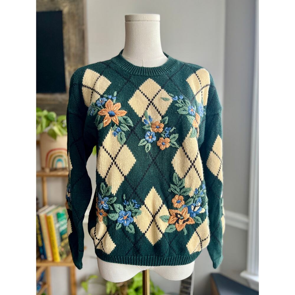 Vintage 90s Cottagecore Argyle Sweater Green Floral Cotton Granny Size Small